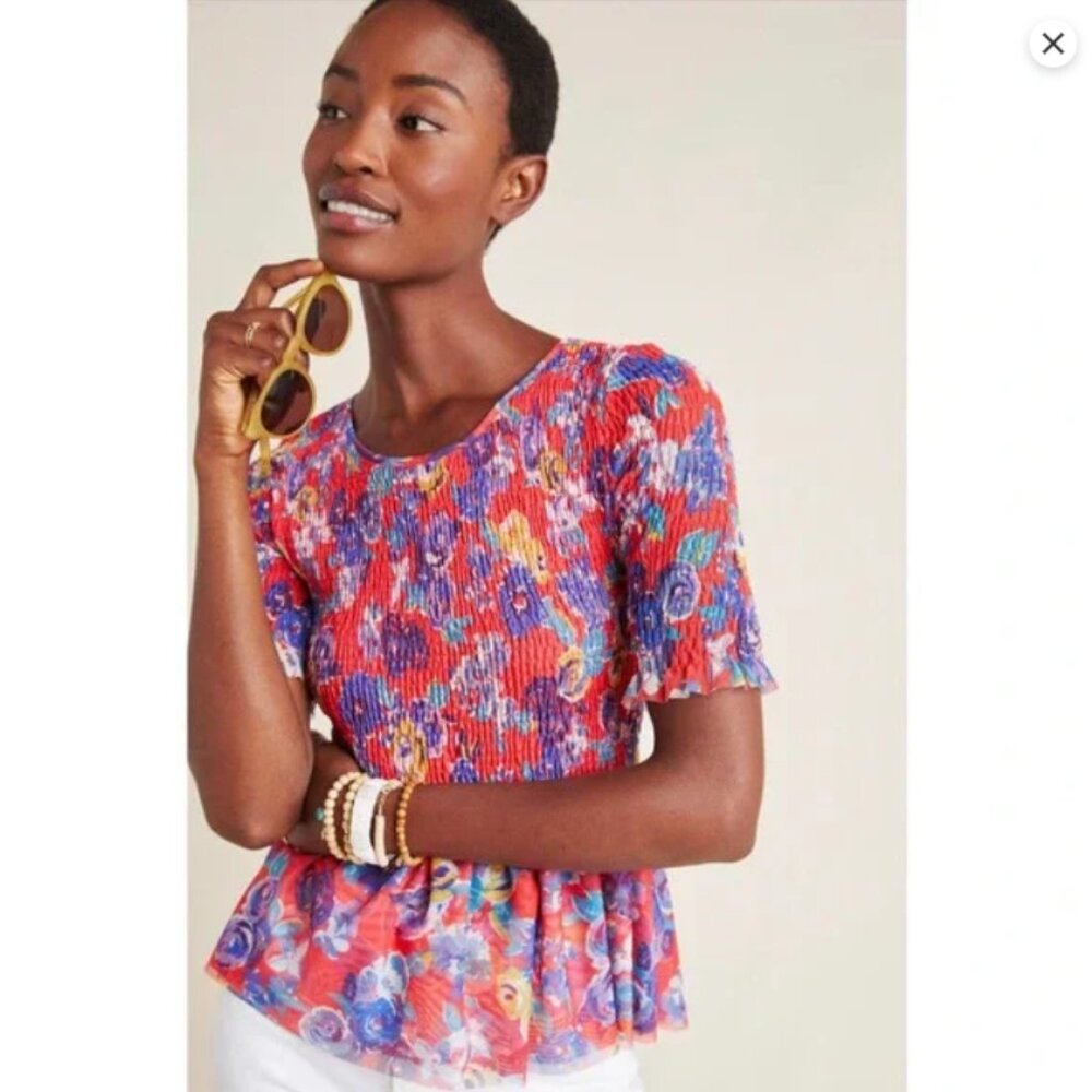 Mauve Red Floral Smocked Peplum Top